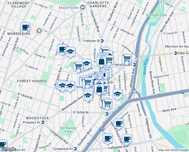 map of restaurants, bars, coffee shops, grocery stores, and more near 1075 Simpson Street in Bronx