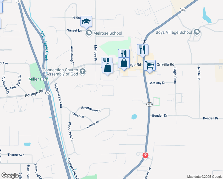 map of restaurants, bars, coffee shops, grocery stores, and more near 1971 Williams Way in Wooster