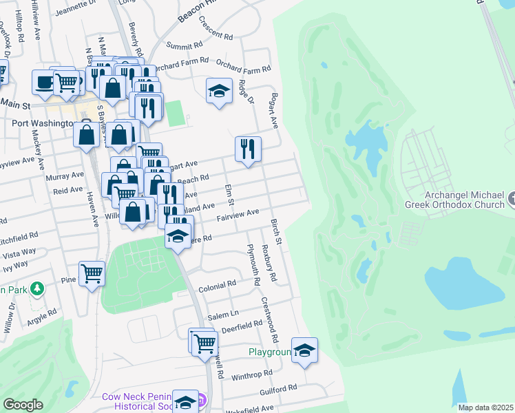 map of restaurants, bars, coffee shops, grocery stores, and more near 67 Fairview Avenue in Port Washington