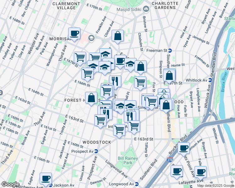 map of restaurants, bars, coffee shops, grocery stores, and more near 1136 Prospect Avenue in The Bronx