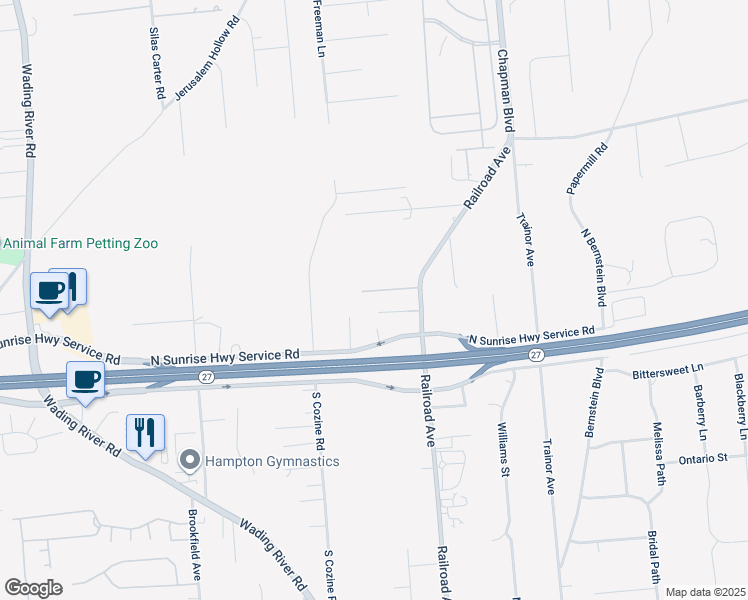 map of restaurants, bars, coffee shops, grocery stores, and more near 6 Petes Path in Manorville