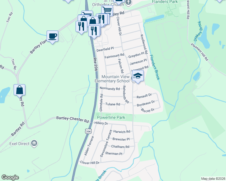 map of restaurants, bars, coffee shops, grocery stores, and more near 12 Normandy Road in Mount Olive
