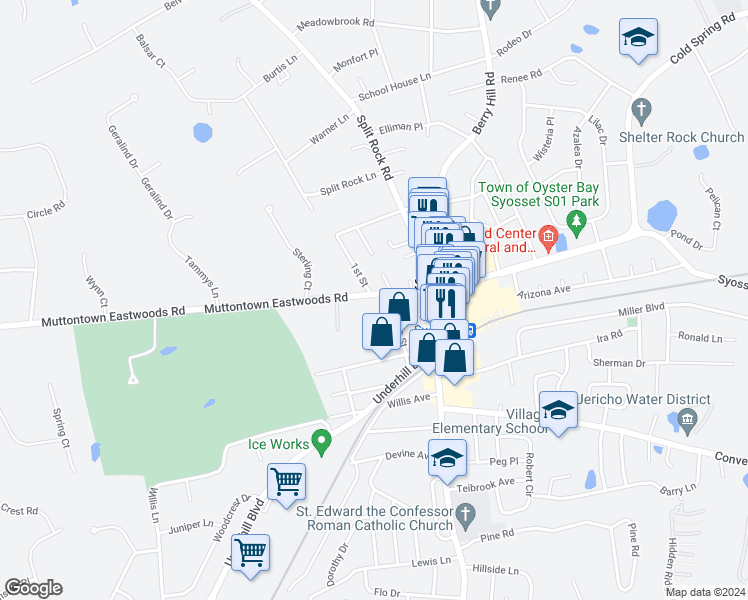 map of restaurants, bars, coffee shops, grocery stores, and more near 73 Muttontown Eastwoods Road in Syosset