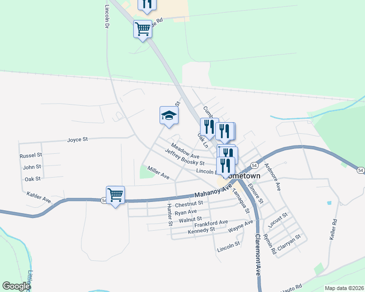 map of restaurants, bars, coffee shops, grocery stores, and more near 34 Meadow Avenue in Tamaqua