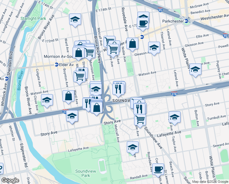 map of restaurants, bars, coffee shops, grocery stores, and more near 10-11 Soundview Avenue in The Bronx