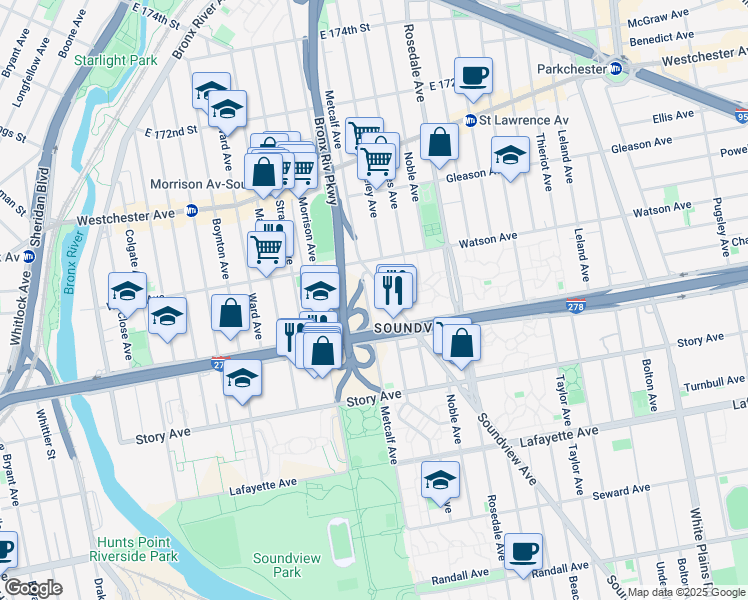 map of restaurants, bars, coffee shops, grocery stores, and more near 1032 Metcalf Avenue in Bronx