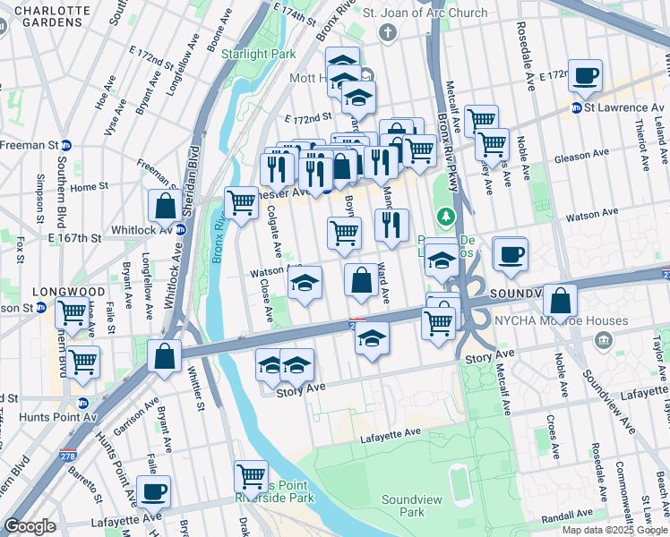 map of restaurants, bars, coffee shops, grocery stores, and more near 1067 Wheeler Avenue in Bronx
