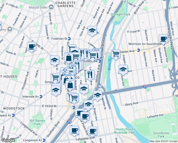 map of restaurants, bars, coffee shops, grocery stores, and more near 1074 Bryant Avenue in Bronx