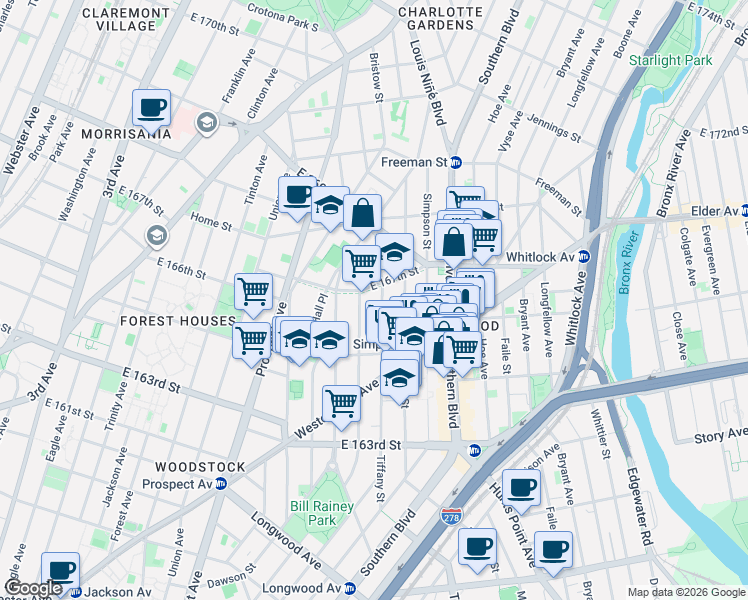 map of restaurants, bars, coffee shops, grocery stores, and more near 1081 Tiffany Street in Bronx