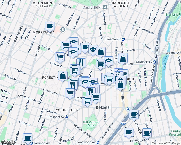 map of restaurants, bars, coffee shops, grocery stores, and more near in Bronx