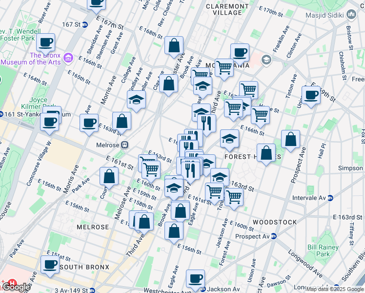 map of restaurants, bars, coffee shops, grocery stores, and more near 976 Washington Avenue in The Bronx