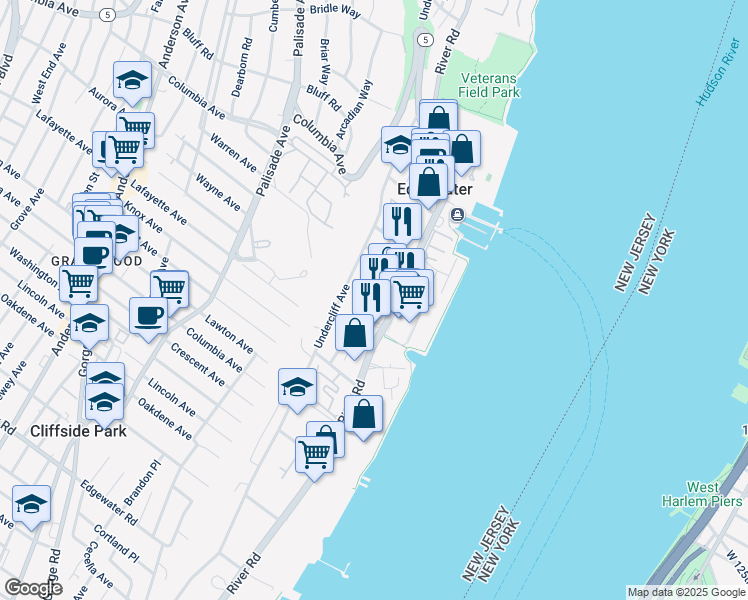 map of restaurants, bars, coffee shops, grocery stores, and more near 63 Edgewater Place in Edgewater