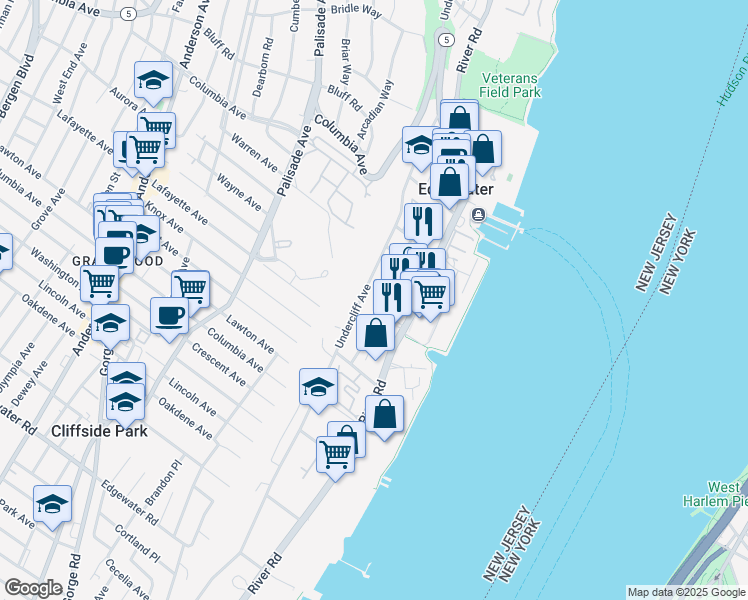 map of restaurants, bars, coffee shops, grocery stores, and more near 63 Edgewater Place in Edgewater