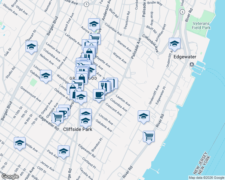 map of restaurants, bars, coffee shops, grocery stores, and more near 207 Lawton Avenue in Cliffside Park