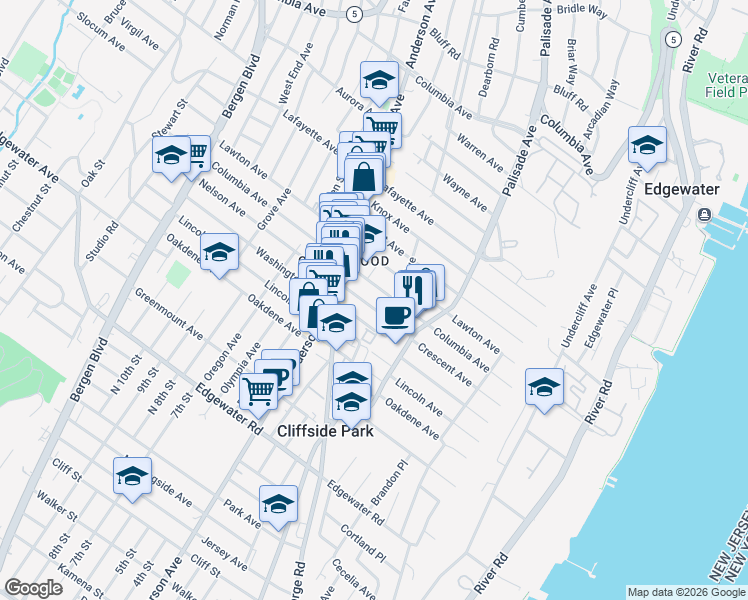 map of restaurants, bars, coffee shops, grocery stores, and more near 238 Crescent Lane in Cliffside Park