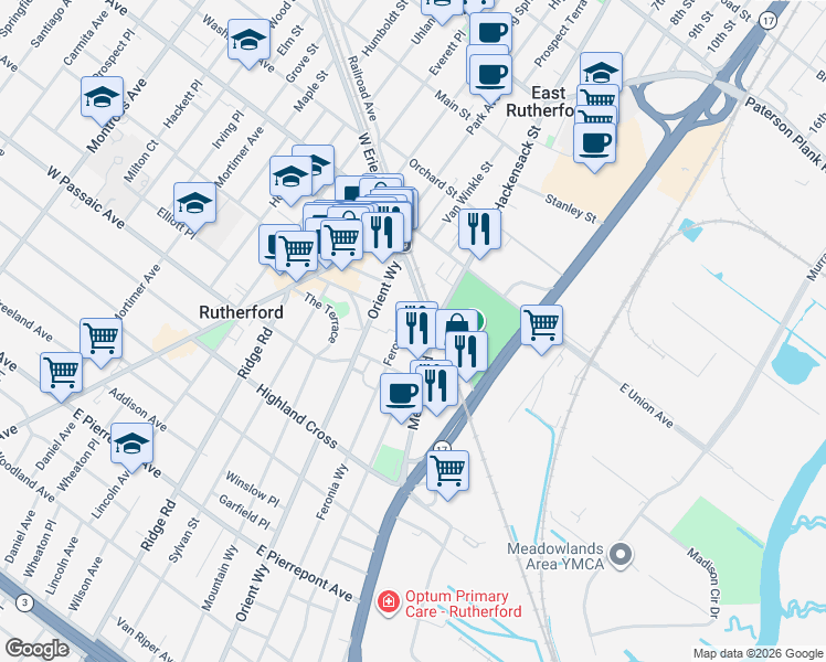 map of restaurants, bars, coffee shops, grocery stores, and more near 4 Meadow Road in Rutherford