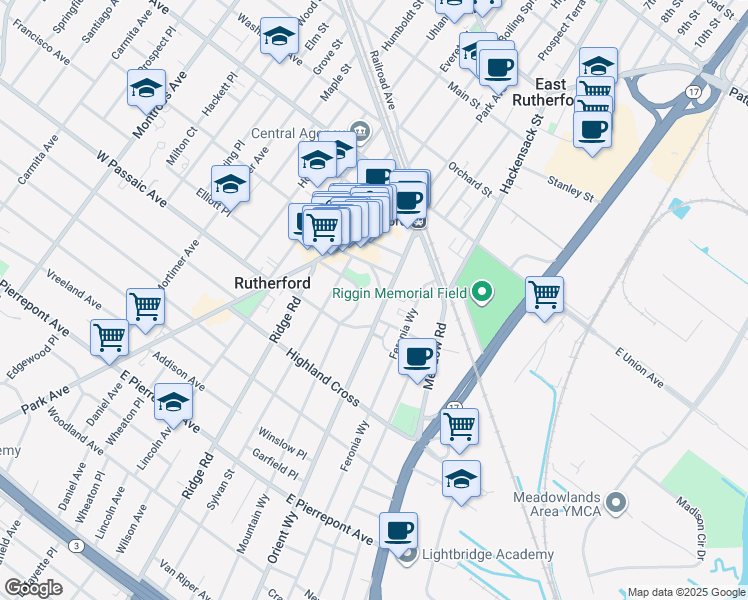 map of restaurants, bars, coffee shops, grocery stores, and more near 74 Orient Way in Rutherford