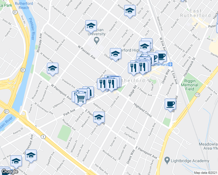 map of restaurants, bars, coffee shops, grocery stores, and more near 12 West Park Place in Rutherford