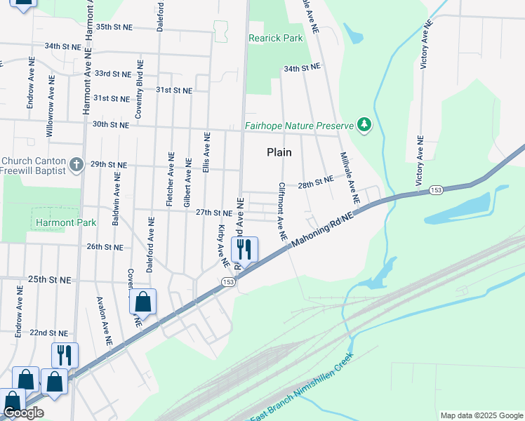 map of restaurants, bars, coffee shops, grocery stores, and more near 4123 27th Terrace Northeast in Canton