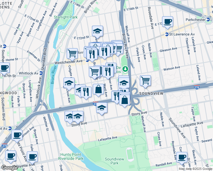 map of restaurants, bars, coffee shops, grocery stores, and more near 1048 Ward Avenue in Bronx