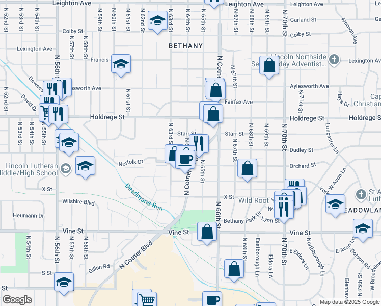 map of restaurants, bars, coffee shops, grocery stores, and more near 1221 North Cotner Boulevard in Lincoln