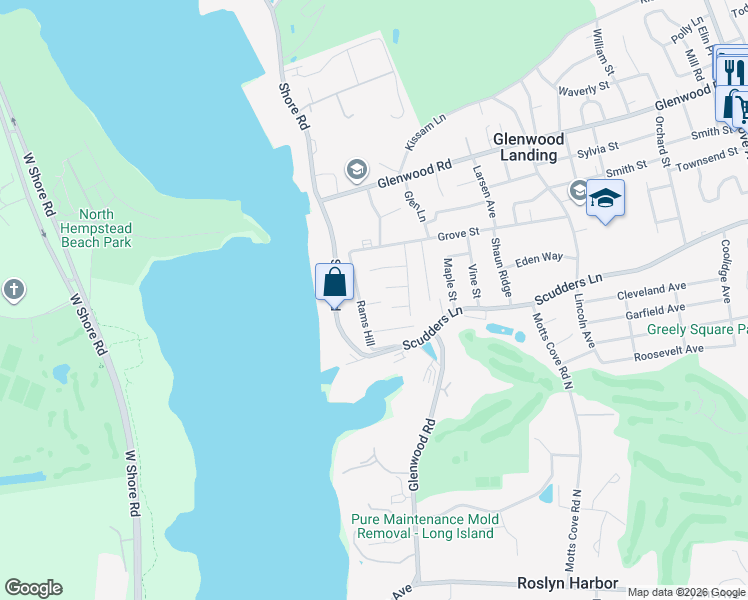 map of restaurants, bars, coffee shops, grocery stores, and more near 2 Motts Lane in Glenwood Landing
