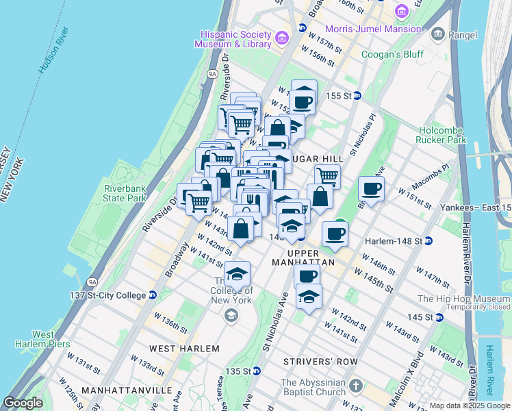 map of restaurants, bars, coffee shops, grocery stores, and more near 1726 Amsterdam Avenue in New York