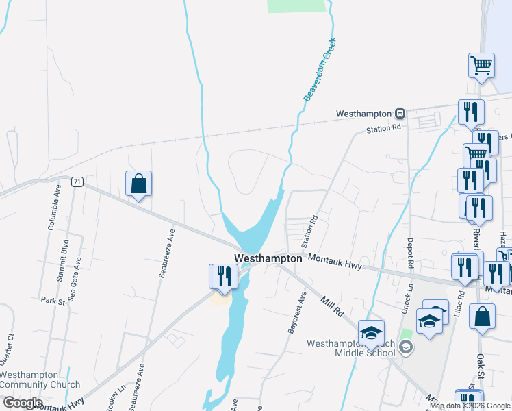 map of restaurants, bars, coffee shops, grocery stores, and more near 82 Lakeside Lane in Westhampton