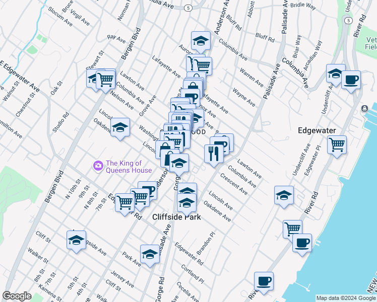 map of restaurants, bars, coffee shops, grocery stores, and more near 259 Crescent Lane in Cliffside Park