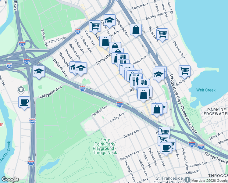 map of restaurants, bars, coffee shops, grocery stores, and more near in The Bronx