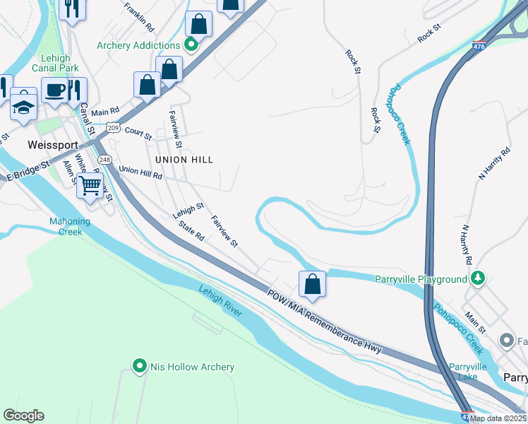 map of restaurants, bars, coffee shops, grocery stores, and more near 1063 Lower Main Road in Lehighton