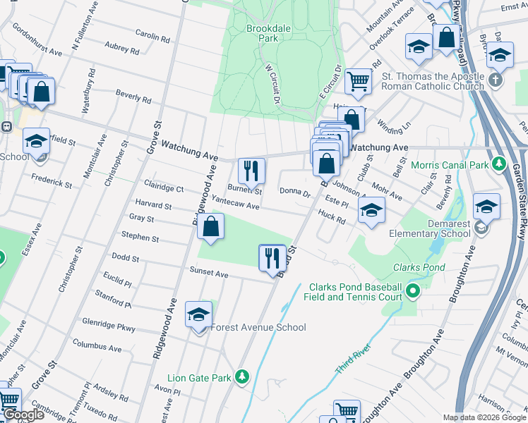 map of restaurants, bars, coffee shops, grocery stores, and more near 58 Yantecaw Avenue in Bloomfield
