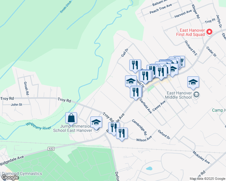 map of restaurants, bars, coffee shops, grocery stores, and more near 34 Weaver Place in East Hanover