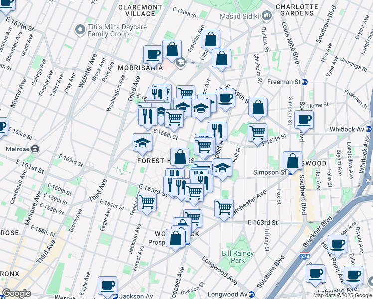 map of restaurants, bars, coffee shops, grocery stores, and more near 1071 Tinton Avenue in The Bronx