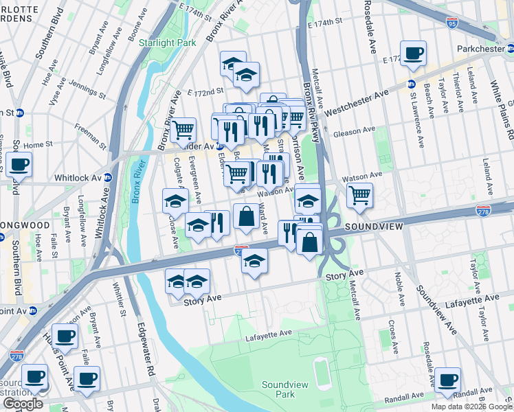 map of restaurants, bars, coffee shops, grocery stores, and more near 1048 Ward Avenue in Bronx