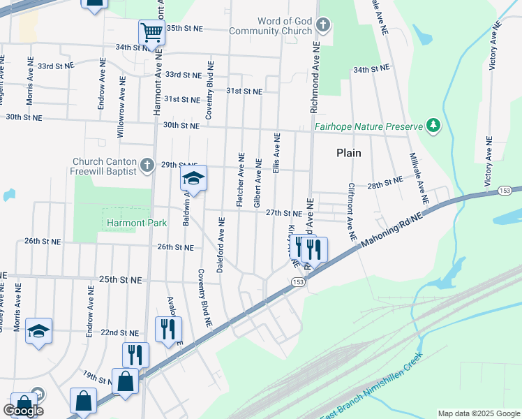 map of restaurants, bars, coffee shops, grocery stores, and more near 2700 Gilbert Avenue Northeast in Canton