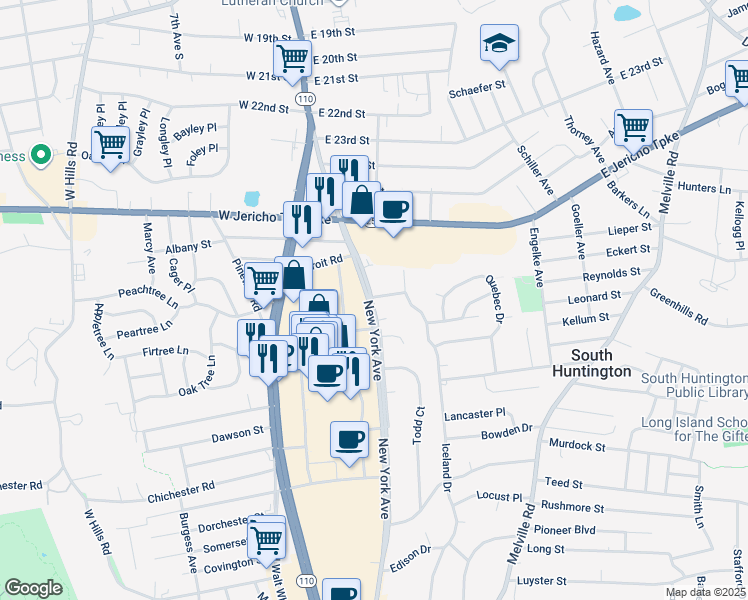 map of restaurants, bars, coffee shops, grocery stores, and more near in South Huntington
