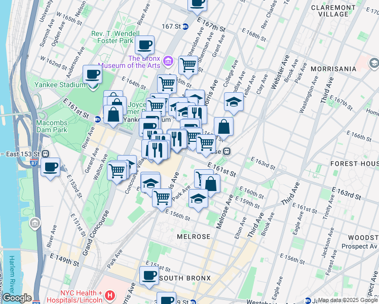 map of restaurants, bars, coffee shops, grocery stores, and more near in The Bronx