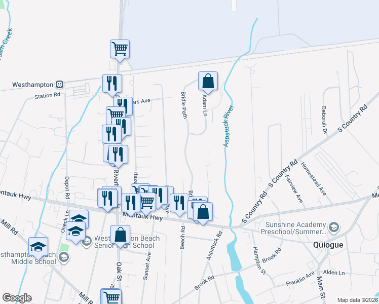 map of restaurants, bars, coffee shops, grocery stores, and more near 22 Bridle Path in Westhampton Beach