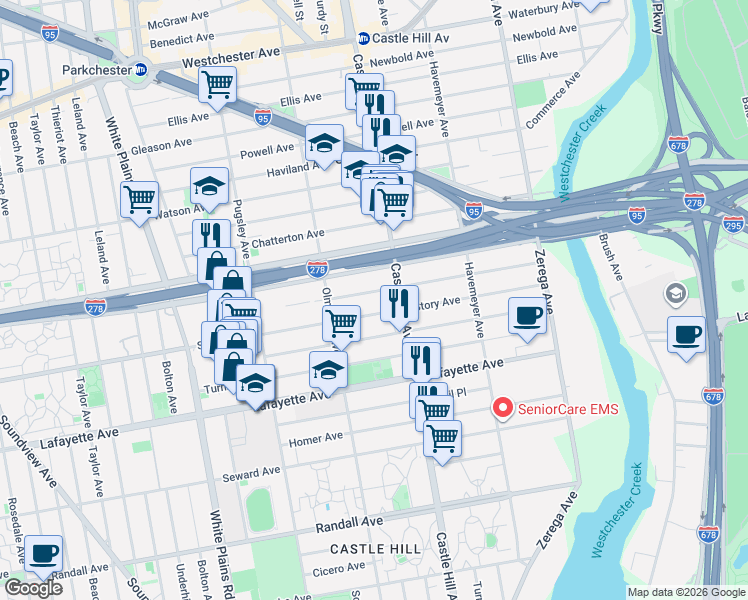 map of restaurants, bars, coffee shops, grocery stores, and more near 2145 Story Avenue in The Bronx