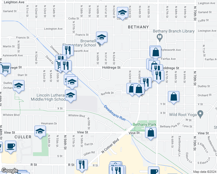 map of restaurants, bars, coffee shops, grocery stores, and more near 1220 Wells Court in Lincoln