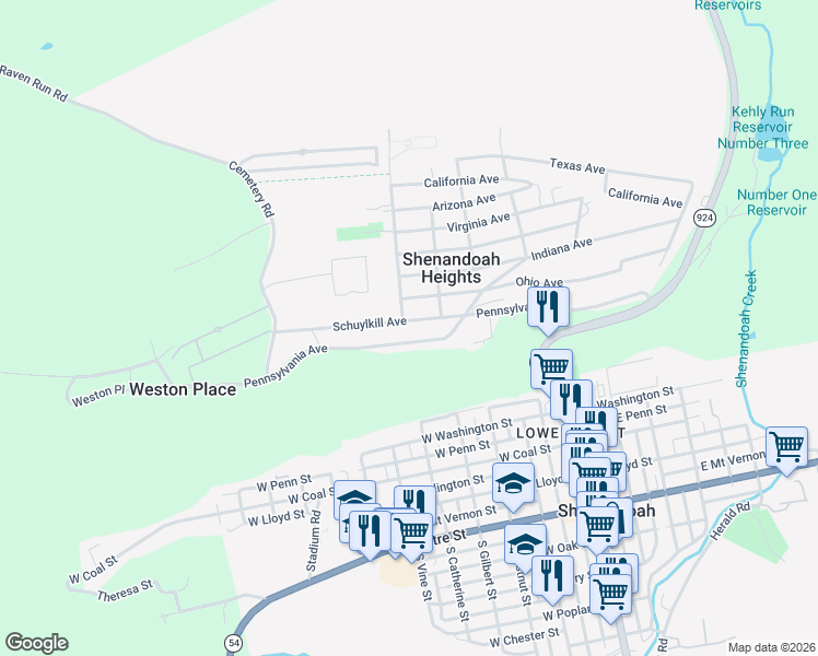 map of restaurants, bars, coffee shops, grocery stores, and more near 184 Pennsylvania Avenue in Shenandoah
