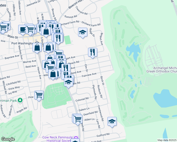 map of restaurants, bars, coffee shops, grocery stores, and more near 52 Highland Avenue in Port Washington