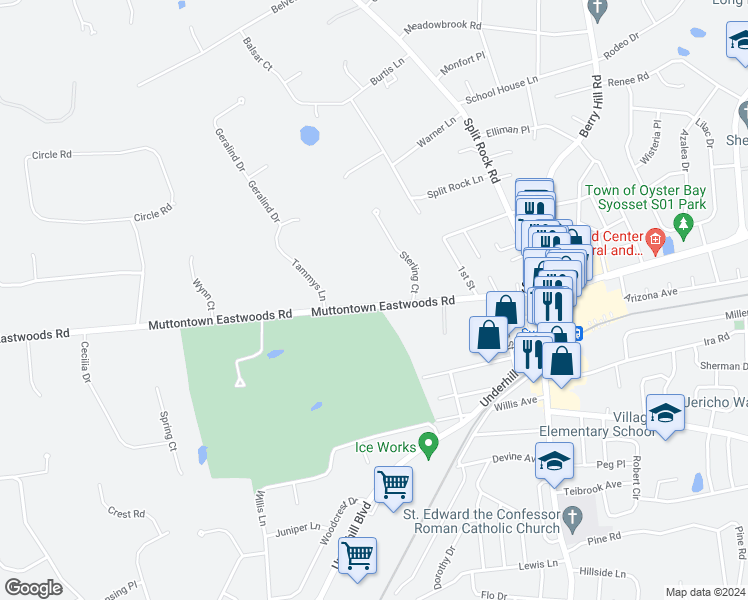 map of restaurants, bars, coffee shops, grocery stores, and more near 106 Muttontown Eastwoods Road in Syosset