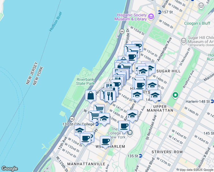 map of restaurants, bars, coffee shops, grocery stores, and more near 621 West 143rd Street in New York