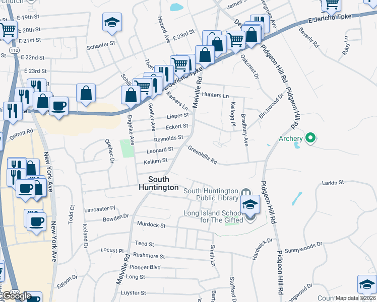 map of restaurants, bars, coffee shops, grocery stores, and more near 70 Greenhills Road in Huntington Station