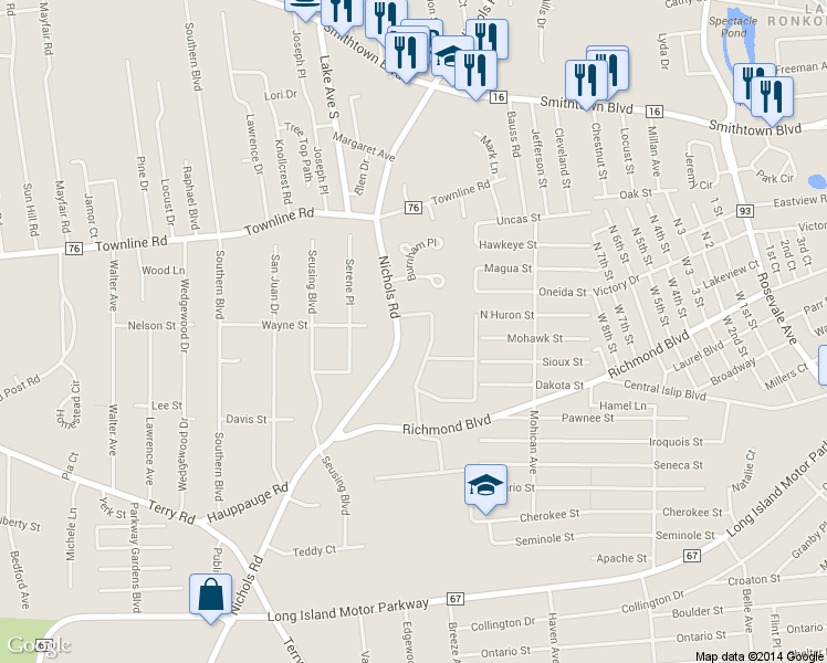map of restaurants, bars, coffee shops, grocery stores, and more near 81 Richmond Boulevard in Ronkonkoma