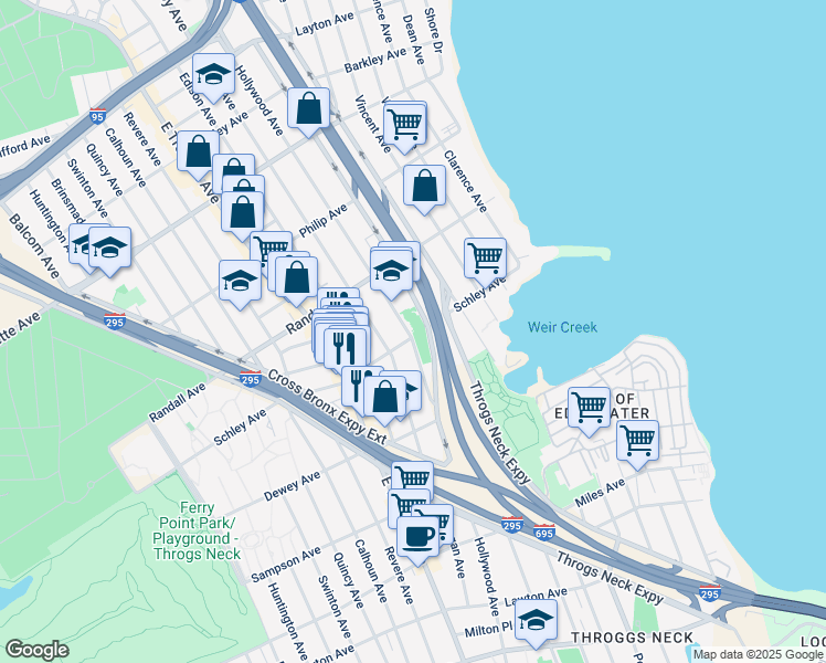 map of restaurants, bars, coffee shops, grocery stores, and more near 601 Hollywood Avenue in The Bronx