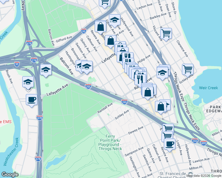 map of restaurants, bars, coffee shops, grocery stores, and more near 725 Quincy Avenue in Bronx