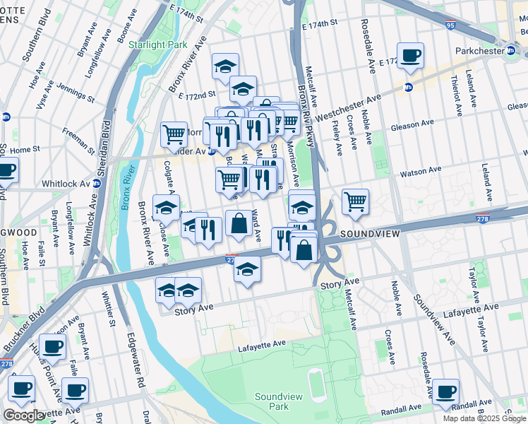 map of restaurants, bars, coffee shops, grocery stores, and more near 1048 Ward Avenue in Bronx
